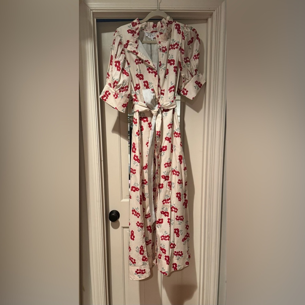 Chic short Sleeve Floral Dress in White and Red